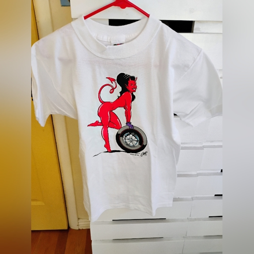 NWOT Vintage 90s Poster Pop by Coop Red Devil Girl T-Shirt Youth XL 14/16 Black